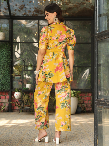 Yellow Cotton Hip Length Printed Shirt Collar Flared Top Palazzo Set