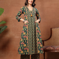 Cotton Calf Length Printed 3/4 Sleeves V-Neck Flared Kurta Suit Set