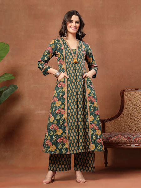 Cotton Calf Length Printed 3/4 Sleeves V-Neck Flared Kurta Suit Set