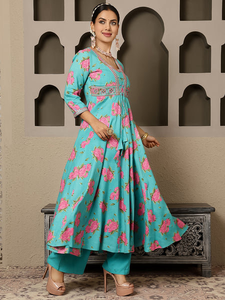 Rama Rayon Calf Length Printed V-Neck Anarkali Kurta Suit Set