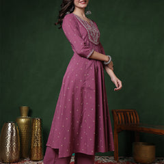 Cotton Calf Length Printed 3/4 Sleeves Round Neck Semi-Flared Kurta Suit Set