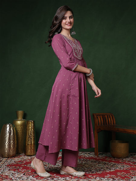Cotton Calf Length Printed 3/4 Sleeves Round Neck Semi-Flared Kurta Suit Set