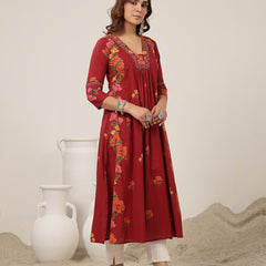 Rayon Calf Length Printed 3/4 Sleeve V-Neck Flared Kurta