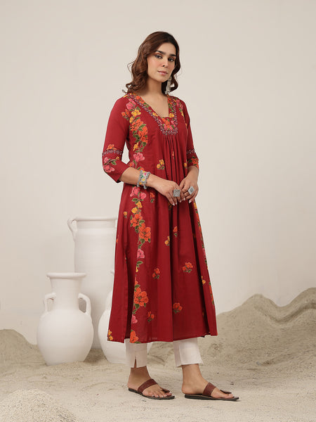 Rayon Calf Length Printed 3/4 Sleeve V-Neck Flared Kurta