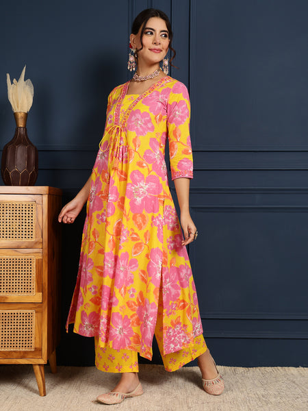 Yellow Cotton Calf Length Printed V-Neck Flared Kurta Suit Set