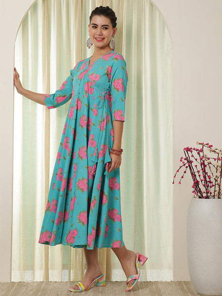 Blue Rayon Calf Length Printed Flared V-Neck Kurta