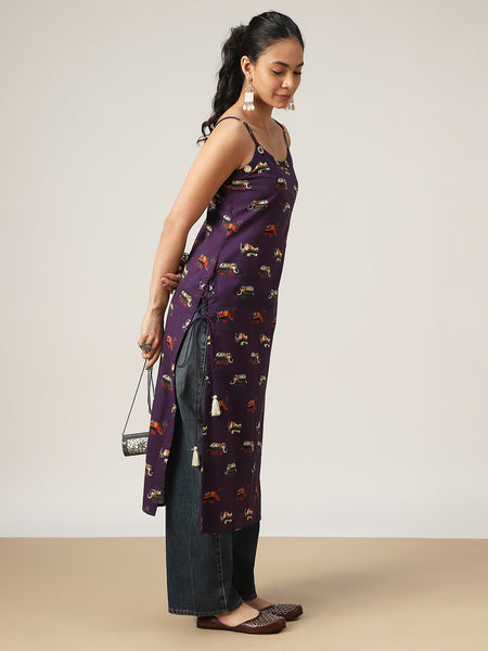 Rayon Calf Length Printed Sleeveless Strappy Straight Kurta