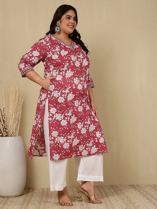 Cotton  Calf Length Printed Straight 3/4 Sleeves V-Neck Kurta