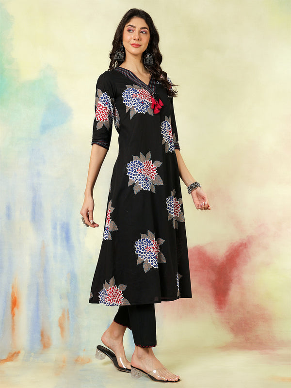 Black Rayon Printed Embroidered Straight Kurta Suit Set