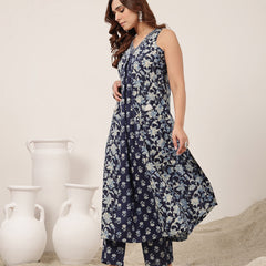 Rayon Calf Length Printed Sleeveless V-Neck Flared Kurta