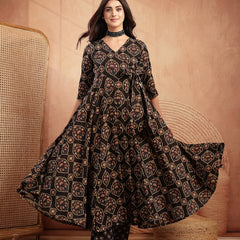 Gulmohar Jaipur Cotton Calf Length Printed 3/4 Sleeves V-Neck Anarkali Kurta Suit Set