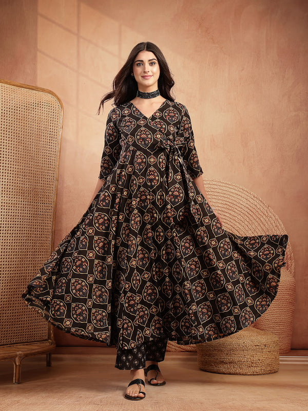 Gulmohar Jaipur Cotton Calf Length Printed 3/4 Sleeves V-Neck Anarkali Kurta Suit Set