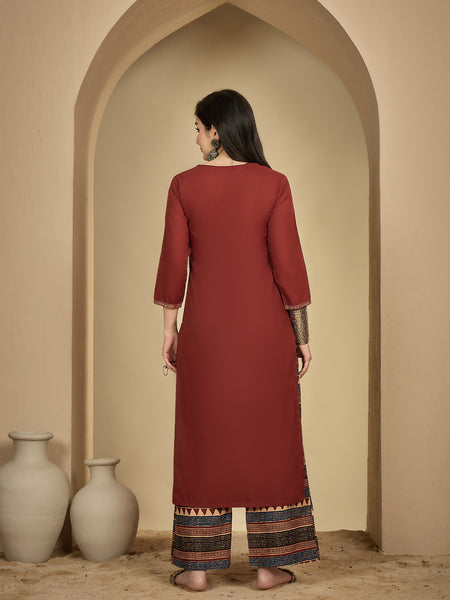 Gulmohar Jaipur Rayon Calf Length Solid 3/4 Sleeves V-Neck Straight Kurta Suit Set