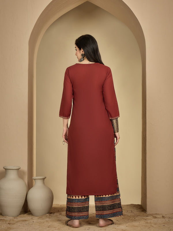 Gulmohar Jaipur Rayon Calf Length Solid 3/4 Sleeves V-Neck Straight Kurta Suit Set