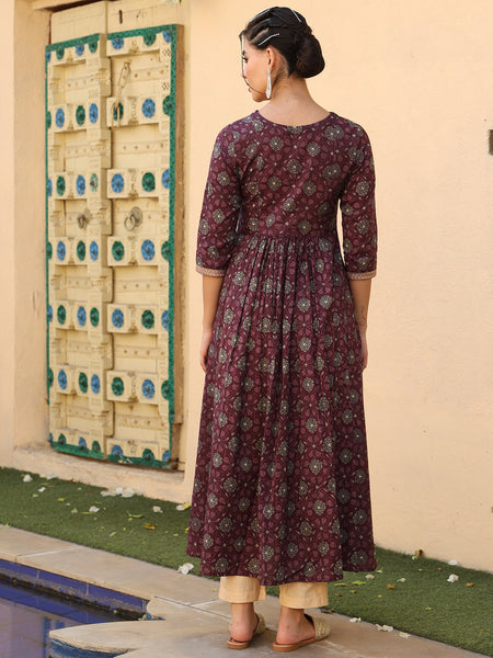 Wine Cotton Calf Length Printed Semi-Flared V-Neck Kurta
