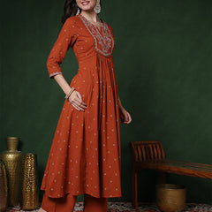 Cotton Calf Length Printed 3/4 Sleeves Round Neck Semi-Flared Kurta Suit Set