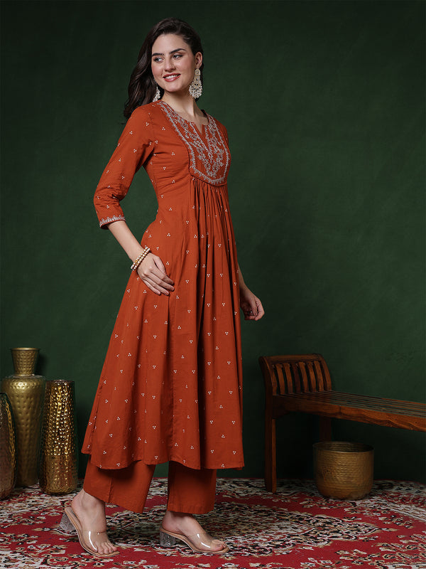 Cotton Calf Length Printed 3/4 Sleeves Round Neck Semi-Flared Kurta Suit Set