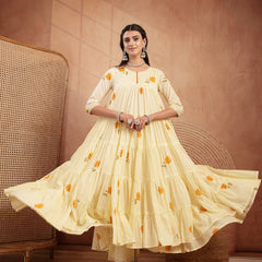 Gulmohar Jaipur Malmal Calf Length Printed 3/4 Sleeves Round Neck Anarkali Kurta Suit Set