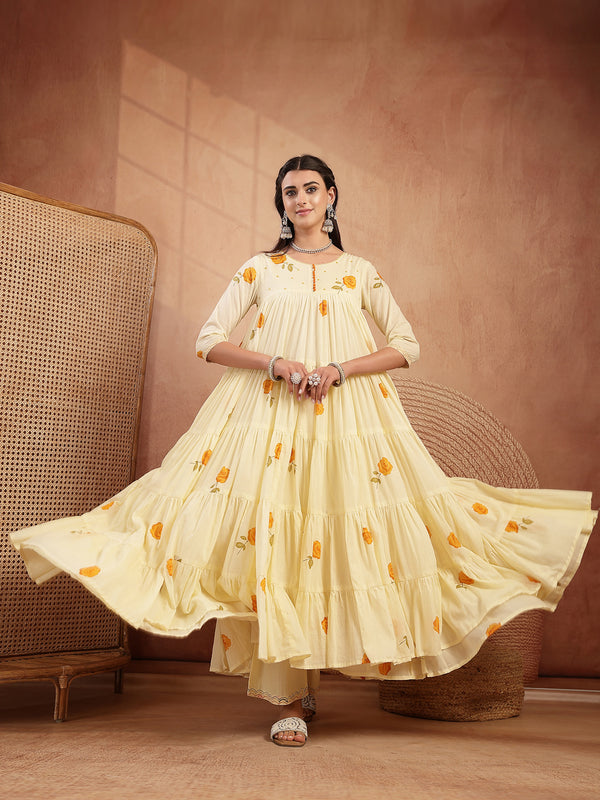 Gulmohar Jaipur Malmal Calf Length Printed 3/4 Sleeves Round Neck Anarkali Kurta Suit Set