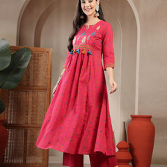 Gulmohar Jaipur Rayon Calf Length Printed 3/4 Sleeves Round Neck A-Line Kurta Suit Set