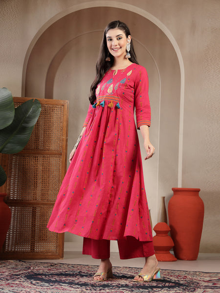 Gulmohar Jaipur Rayon Calf Length Printed 3/4 Sleeves Round Neck A-Line Kurta Suit Set