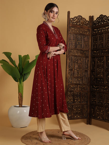 Maroon Rayon Calf Length Solid Semi-Flared V-Neck Kurta