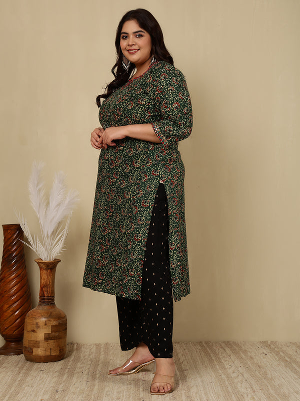 Cotton Calf Length Printed Straight 3/4 Sleeves Round Kurta Suit Set (Plus+)