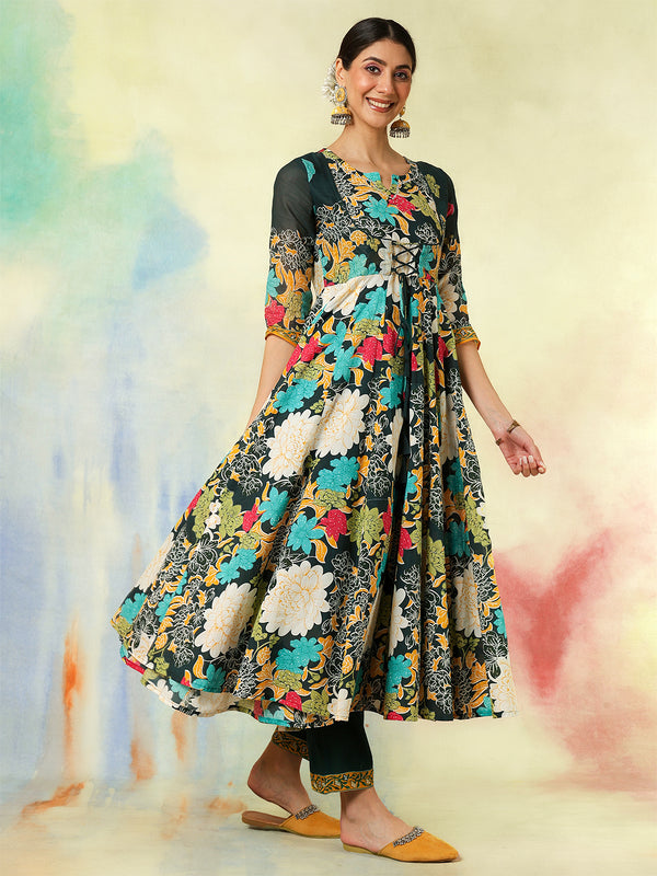Blue Pure Cotton Printed Hand-Work Anarkali Kurta Suit Set