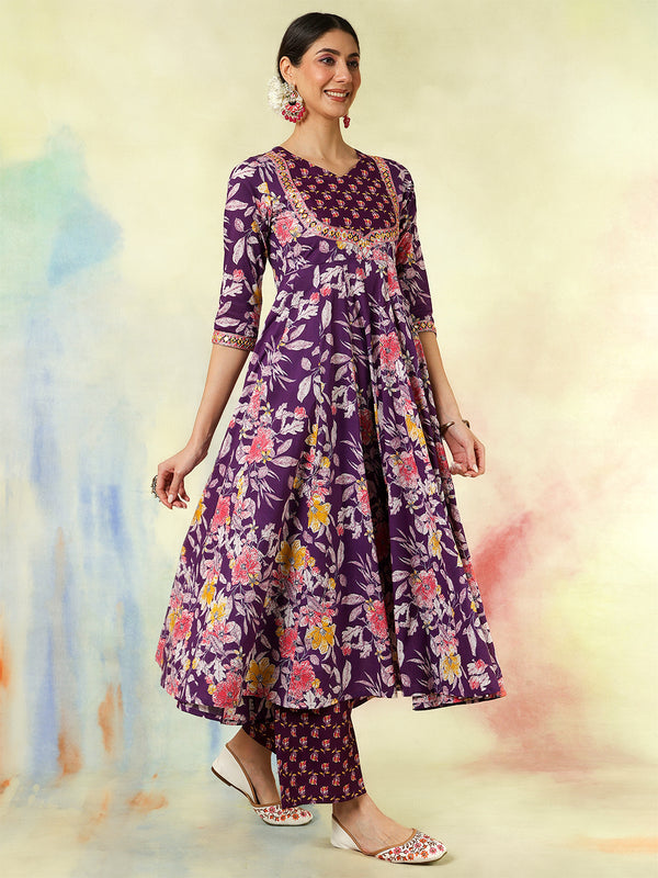 Black Pure Cotton Printed Embroidered Anarkali Kurta Suit Set