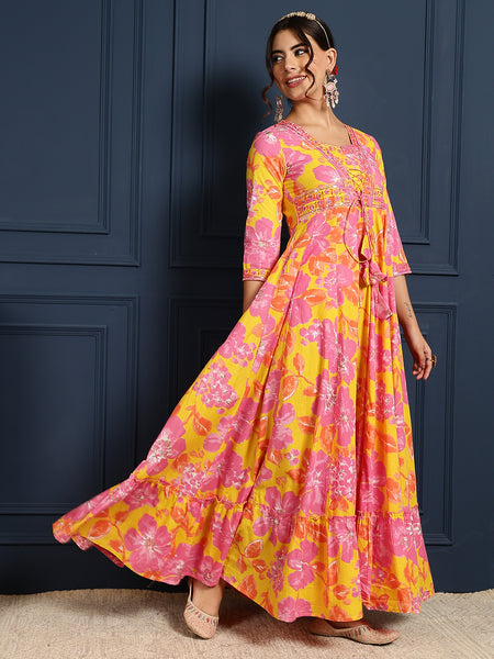 Yellow Cotton Ankle Length Printed V-Neck  Anarkali Gown