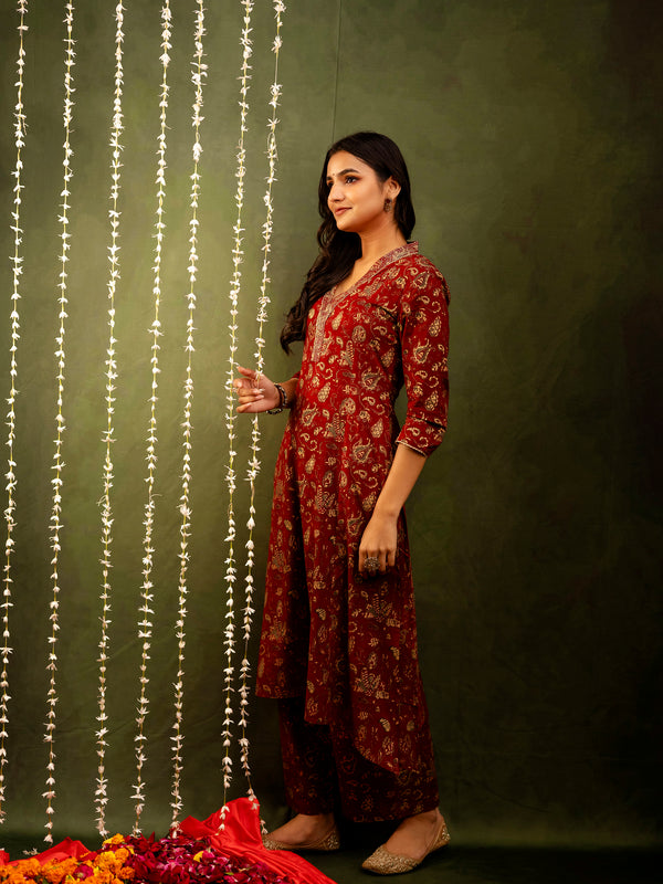 Maroon Cotton Calf Length Printed A-Line V-Neck Kurta Palazzo Set