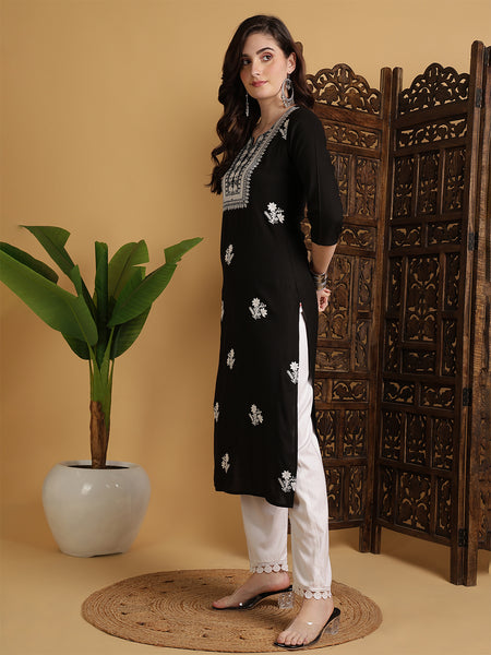 Maroon Cotton Calf Length Printed Straight Round Neck Kurta Black Rayon Embroidered Calf Length Solid Straight Round Neck Kurta
