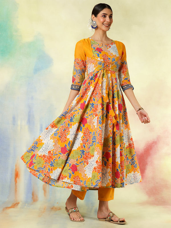 Blue Pure Cotton Printed Hand-Work Anarkali Kurta Suit Set