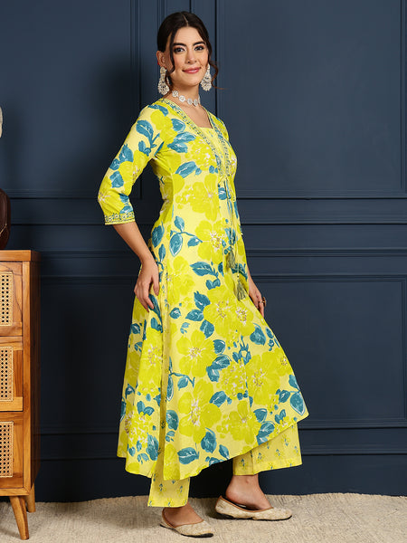 Lime Cotton Calf Length Printed V-Neck Flared Kurta Suit Set