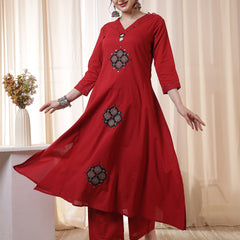 Rayon Calf Length Solid 3/4 Sleeves V-Neck Flared Kurta Suit Set