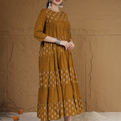 Cotton Calf Length Printed 3/4 Sleeves Key Hole Neck Flared Kurta