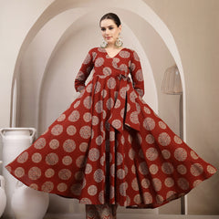 Gulmohar Jaipur Cotton Calf Length Printed 3/4 Sleeve V-Neck Anarkali Kurta Suit Set