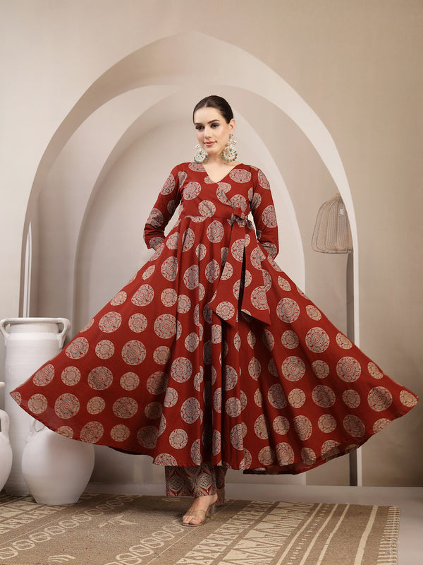 Gulmohar Jaipur Cotton Calf Length Printed 3/4 Sleeve V-Neck Anarkali Kurta Suit Set