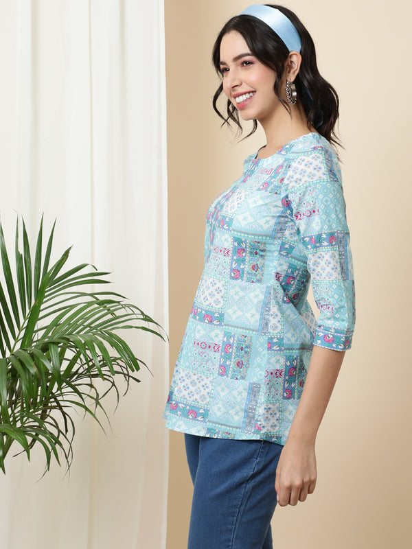 Cotton Short Length Length Printed Regular 3/4 Sleeves Round Top