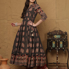 Black Cotton Printed Collared Neck Anarkali Kurta Suit Set