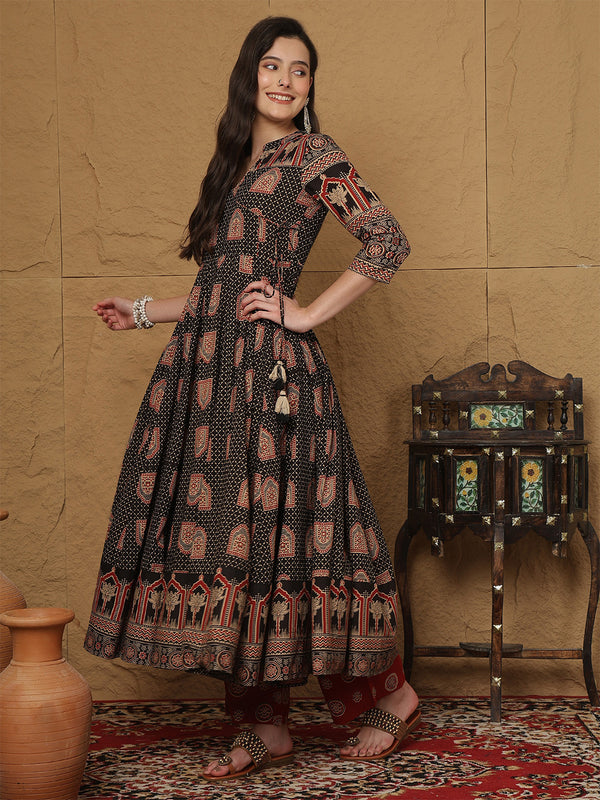 Black Cotton Printed Collared Neck Anarkali Kurta Suit Set