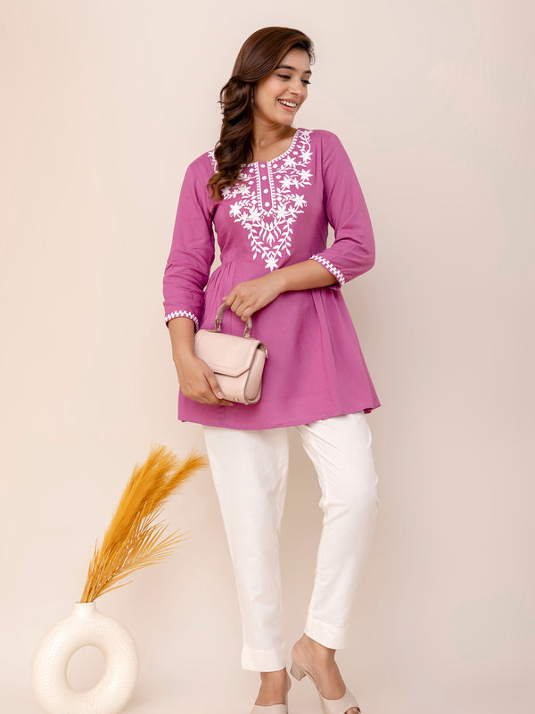 Lavender Rayon Hip Length Solid Round Neck Solid Embroidered Straight Top