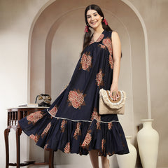 Gulmohar Jaipur Cotton Calf Length Printed Sleeveless Collard Neck Flared Kurta