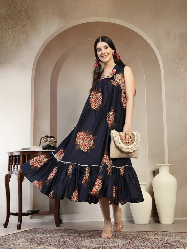 Gulmohar Jaipur Cotton Calf Length Printed Sleeveless Collard Neck Flared Kurta