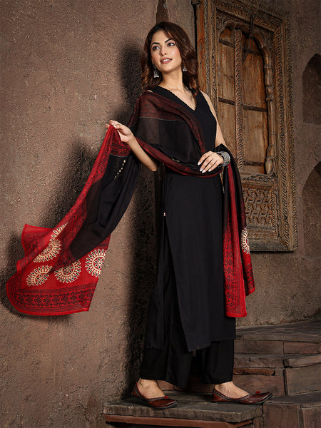 Gulmohar Jaipur Rayon Calf Length Solid Sleeveless V-Neck Straight Kurta Suit Set