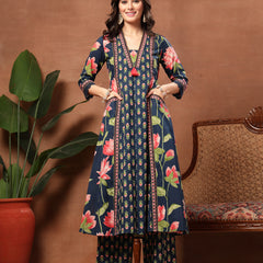 Cotton Calf Length Printed 3/4 Sleeves V-Neck Flared Kurta Suit Set