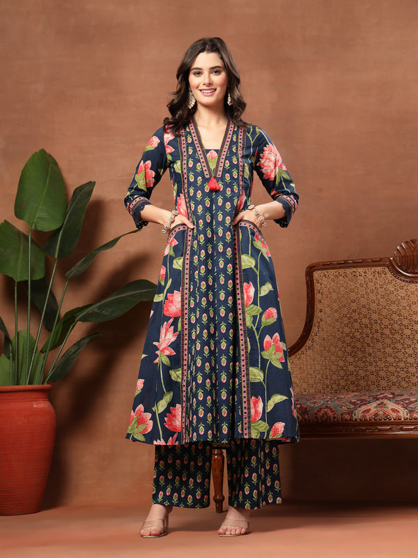 Cotton Calf Length Printed 3/4 Sleeves V-Neck Flared Kurta Suit Set