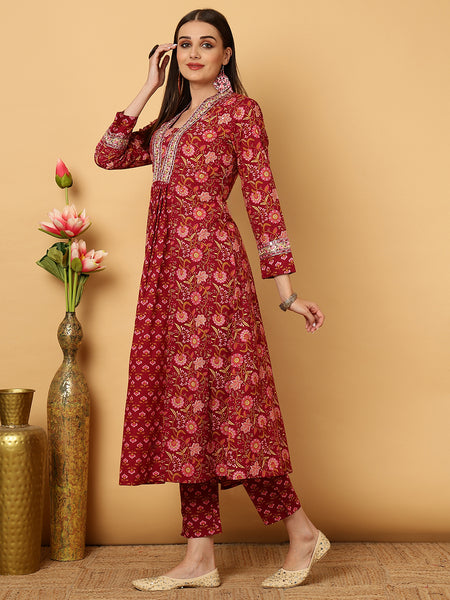 Maroon Calf Length Floral Print Flared V-Neck Kurta Suit Set