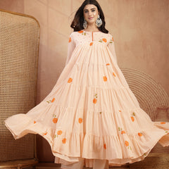 Gulmohar Jaipur Malmal Calf Length Printed 3/4 Sleeves Round Neck Anarkali Kurta Suit Set