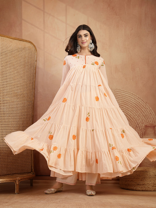 Gulmohar Jaipur Malmal Calf Length Printed 3/4 Sleeves Round Neck Anarkali Kurta Suit Set